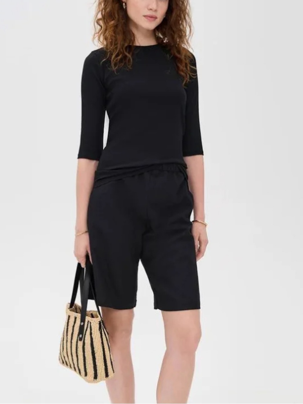 Vince Black Ribbed Elbow-Sleeve Knit Top